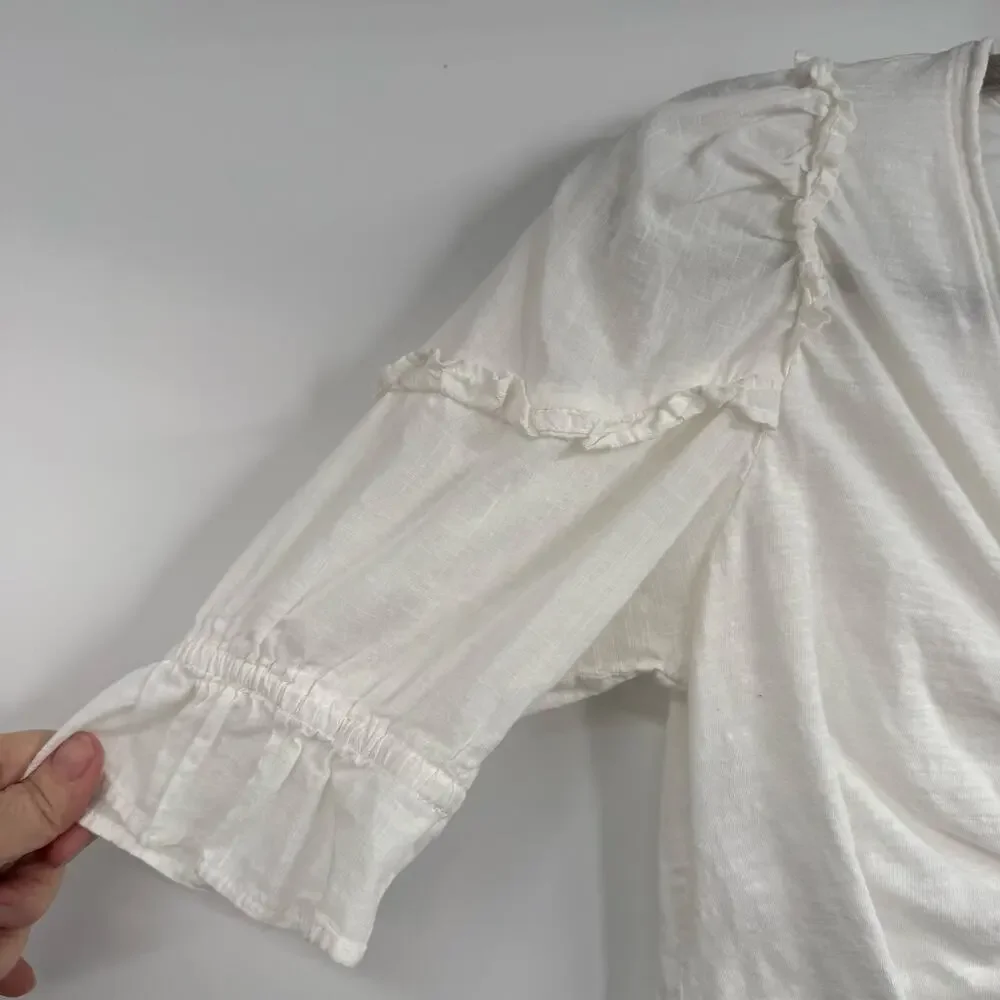 Anthropologie 100% Cotton Blouse Top Womens XS White Puff Sleeve V-Neck Ruffle
